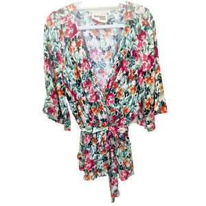 Savanna Jane Boho Faux Wrap Blouse 1X Floral Print Top Kimono Sleeve Tie Waist